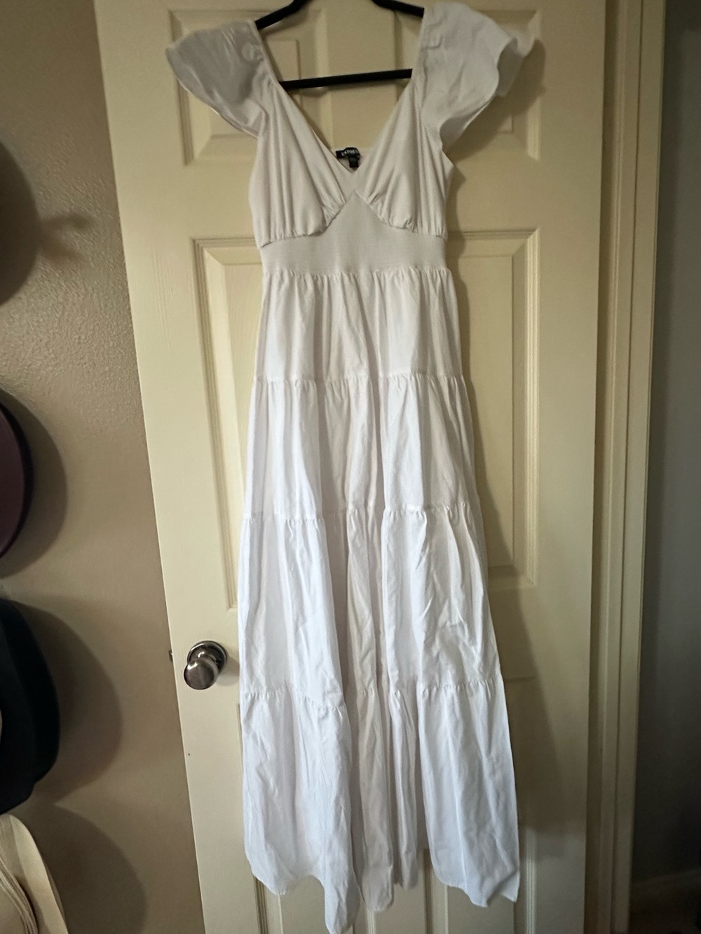Express White Tiered Maxi Dress with Flutter Sleeves